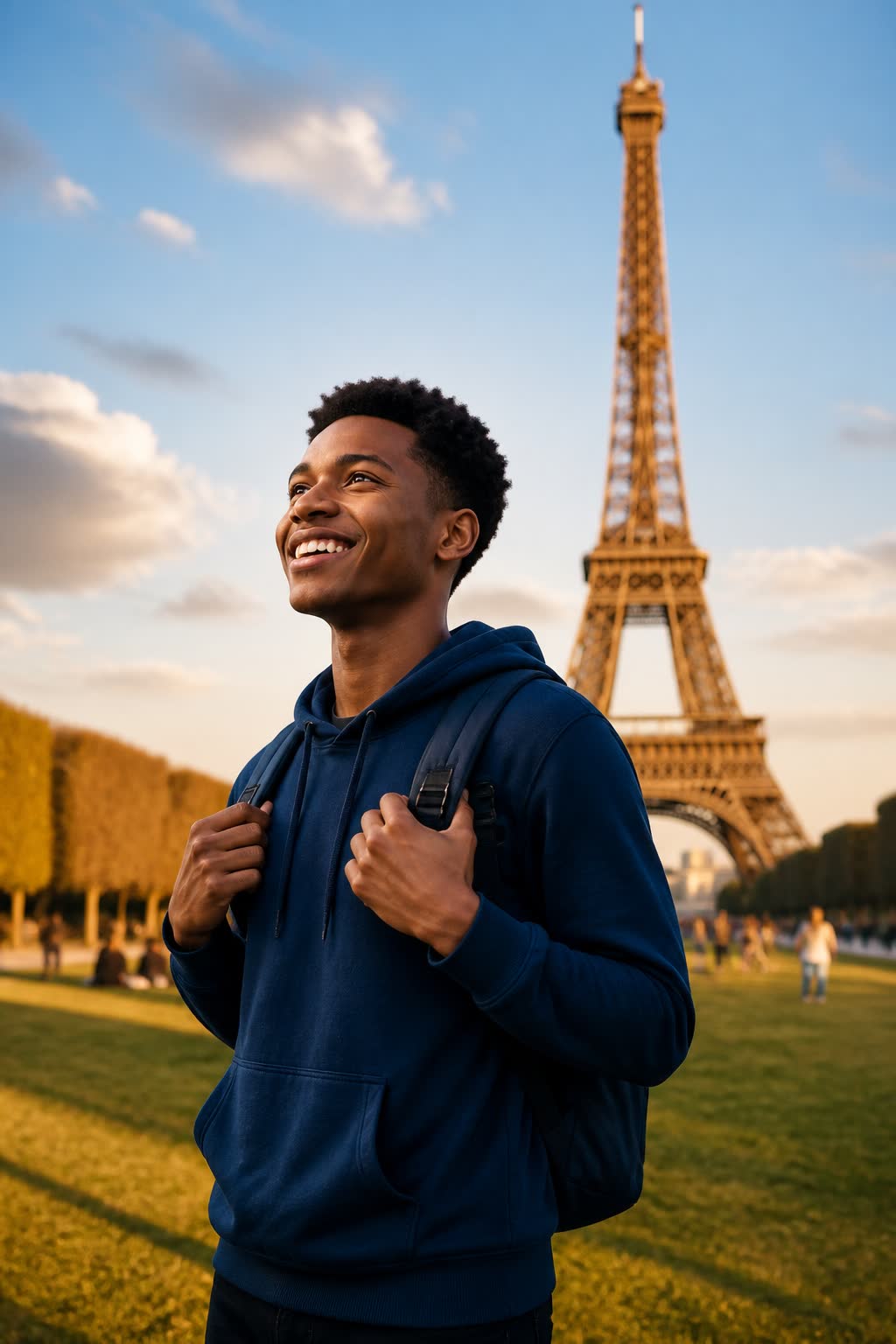 Étudiant devant la Tour Eiffel